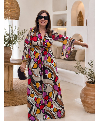 Vestido largo estampado geométrico multicolor con nudo...