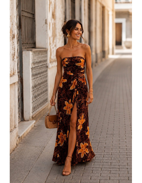🐆 Vestido Tul Palabra de Honor Animal Print & Flores chocolate