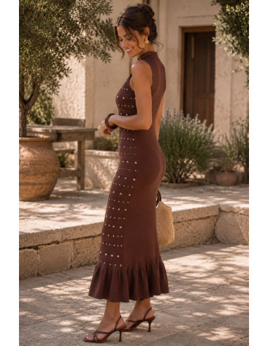 Vestido Largo Marrón con Tachas Plateadas