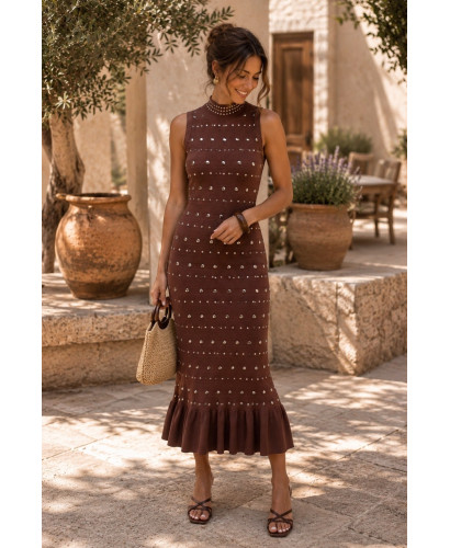Vestido Largo Marrón con Tachas Plateadas