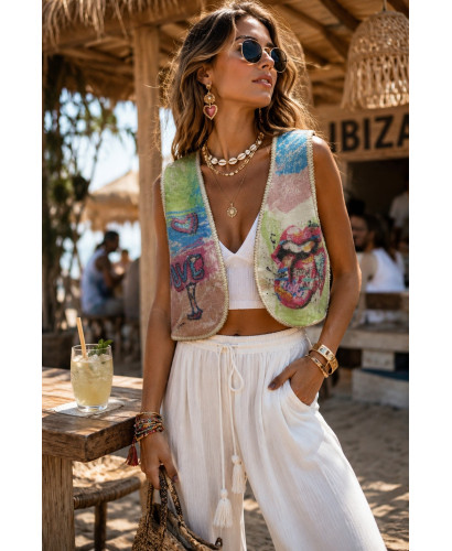 Chaleco tie dye con lentejuelas y estampado arty