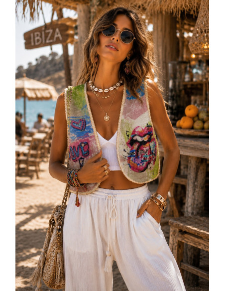Chaleco tie dye con lentejuelas y estampado arty