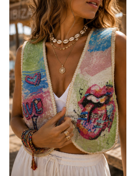 Chaleco tie dye con lentejuelas y estampado arty