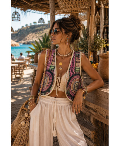 Chaleco tie dye con lentejuelas y estampado
