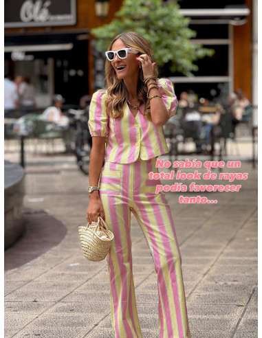 Conjunto de Rayas Amarillo y Rosa con Pantalón...