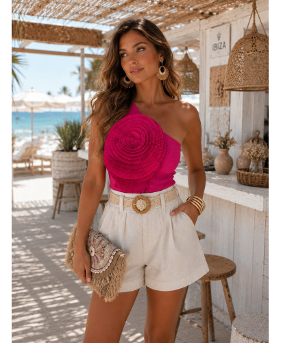 🌺 Camiseta Rosa de Canalé con Manga Asimétrica y Flor...