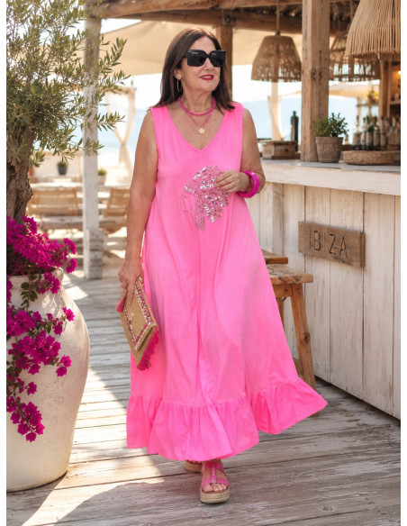 Vestido Largo rosa con Bordado de Cabeza India