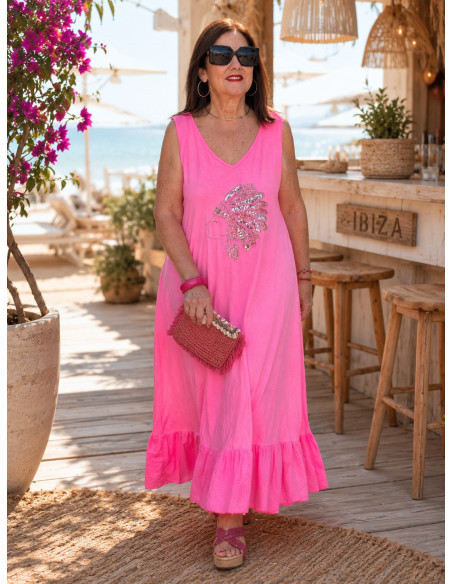 Vestido Largo rosa con Bordado de Cabeza India