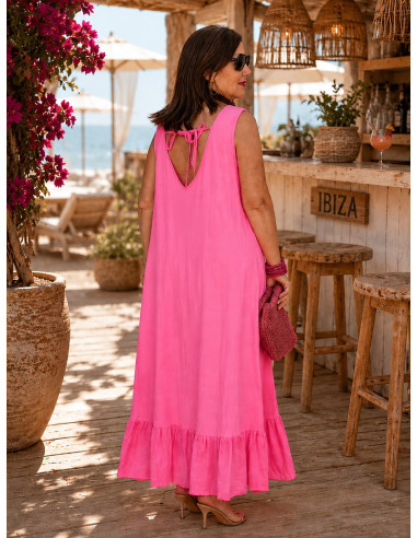 Vestido Largo rosa con Bordado de Cabeza India