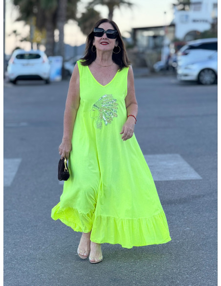 Vestido Largo amarillo con Bordado de Cabeza India
