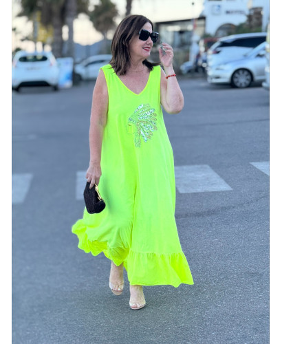 Vestido Largo amarillo con Bordado de Cabeza India