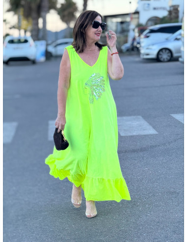Vestido Largo amarillo con Bordado de Cabeza India