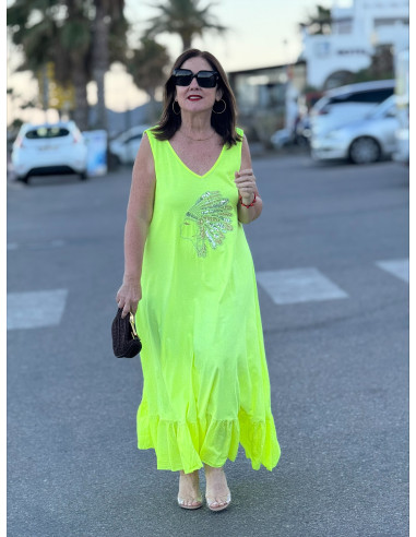 Vestido Largo amarillo con Bordado de Cabeza India