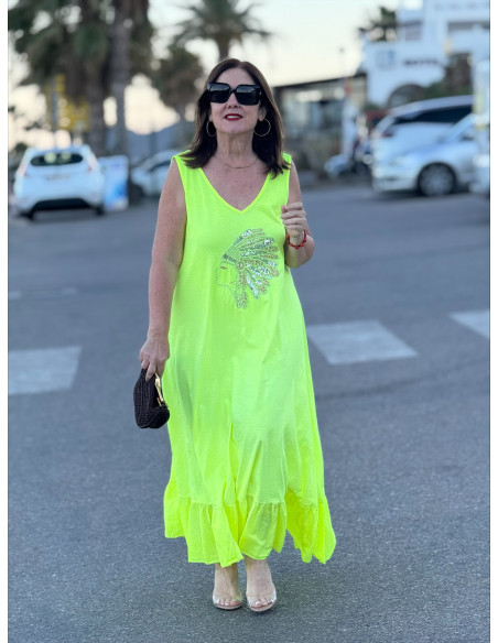 Vestido Largo amarillo con Bordado de Cabeza India