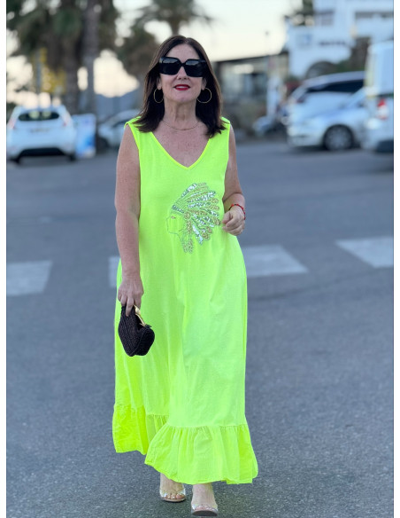 Vestido Largo amarillo con Bordado de Cabeza India