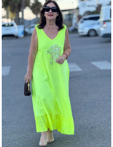 Vestido Largo amarillo con Bordado de Cabeza India