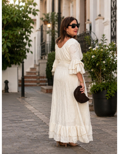 Vestido Largo en Bordado Inglés crudo con...