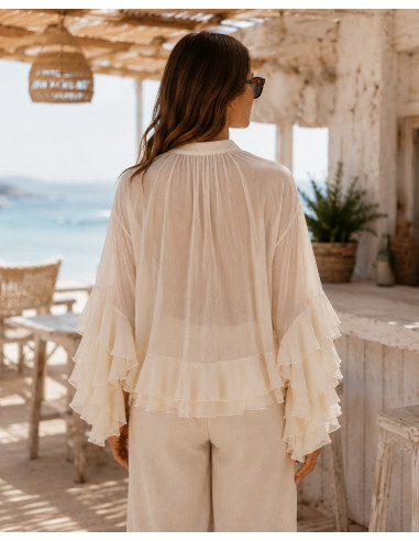 Blusa tostada de Gasa con Manga Volante