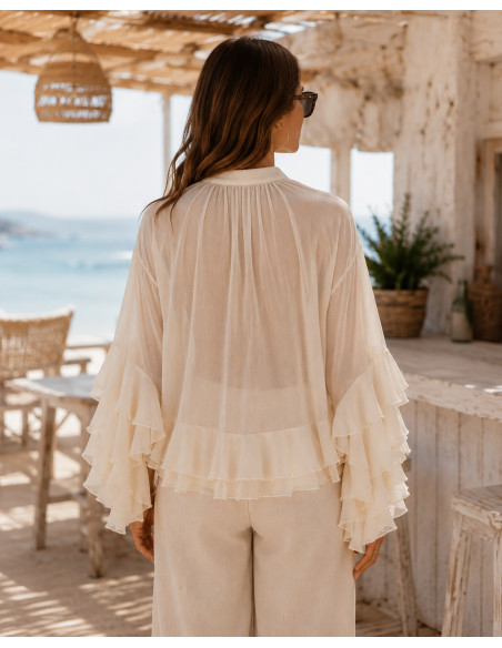 Blusa tostada de Gasa con Manga Volante