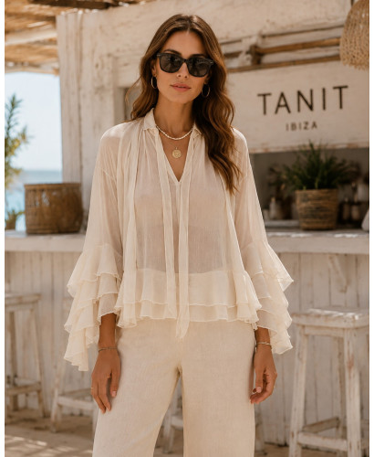 Blusa tostada de Gasa con Manga Volante