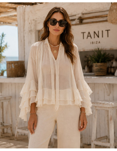 Blusa tostada de Gasa con Manga Volante