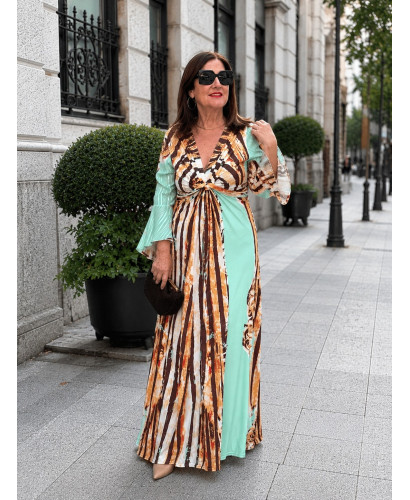 Vestido largo con nudo frontal turquesa