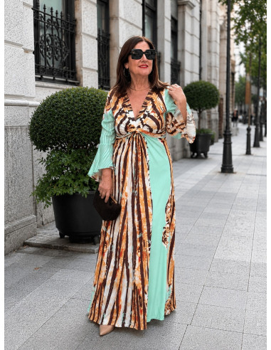 Vestido largo con nudo frontal turquesa