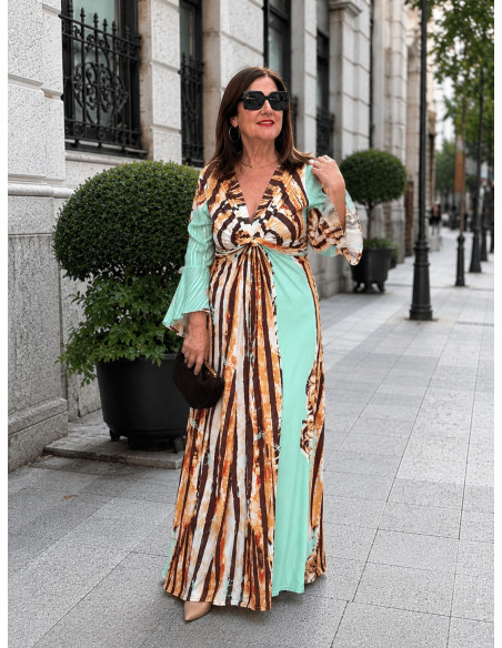 Vestido largo con nudo frontal turquesa