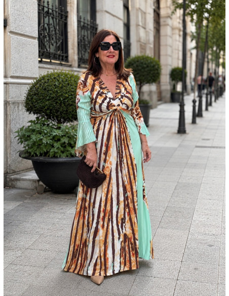 Vestido largo con nudo frontal turquesa