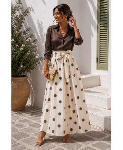Falda midi de tafetán con lunares y lazo en cintura