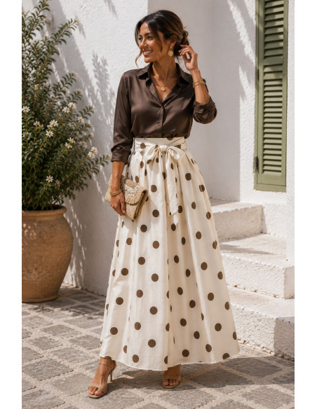 Falda midi de tafetán con lunares y lazo en cintura