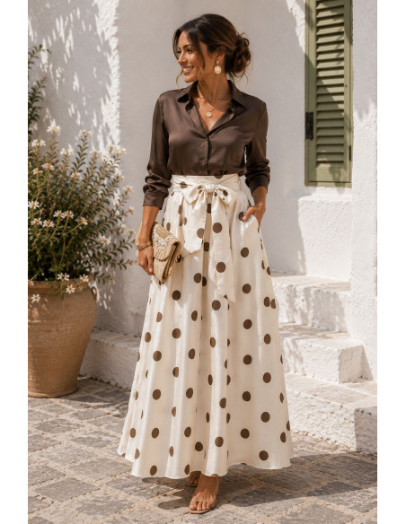 Falda midi de tafetán con lunares y lazo en cintura