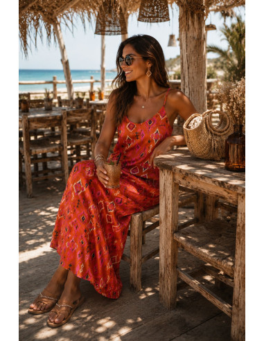 Vestido Lencero Estampado Étnico naranja