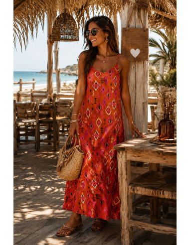 Vestido Lencero Estampado Étnico naranja