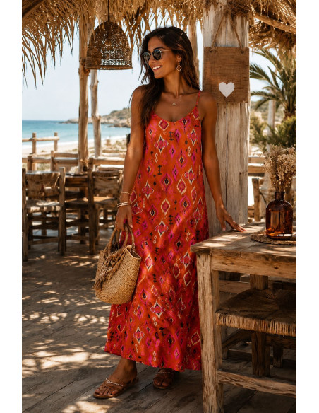 Vestido Lencero Estampado Étnico naranja