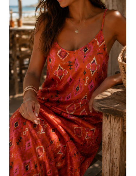 Vestido Lencero Estampado Étnico naranja
