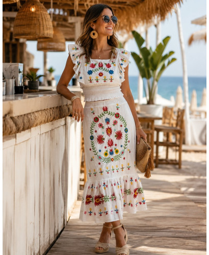 Conjunto Bordado Floral Boho Blanco