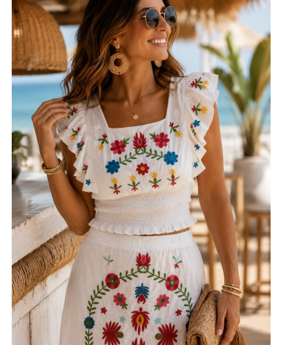 Conjunto Bordado Floral Boho Blanco 2