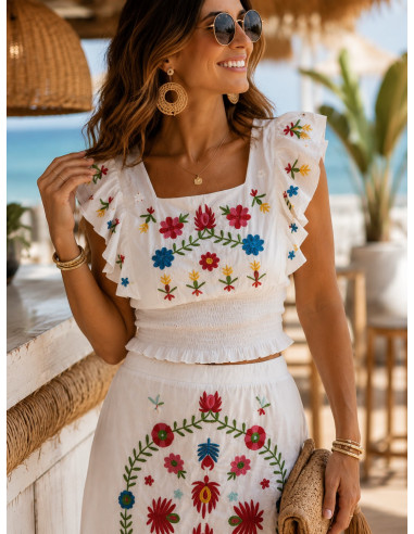 Conjunto Bordado Floral Boho Blanco