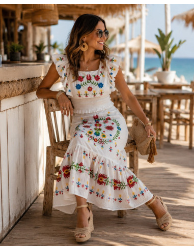 Conjunto Bordado Floral Boho Blanco