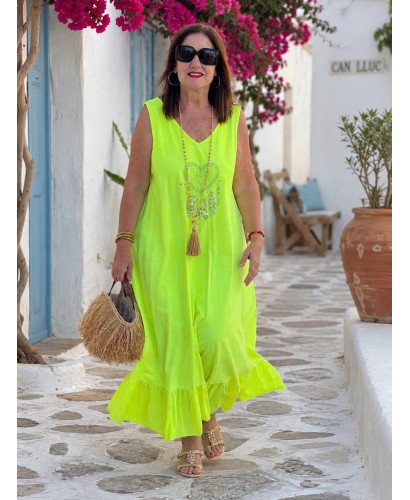 Vestido Largo amarillo flúor  con Bordado de atrapasueños