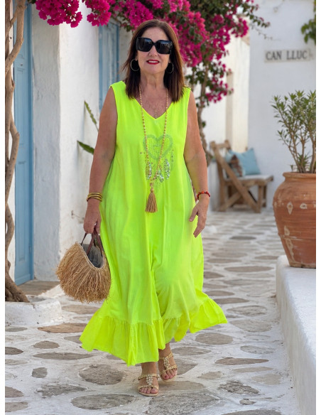 Vestido Largo amarillo flúor  con Bordado de atrapasueños