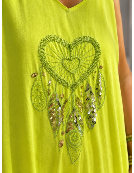 Vestido Largo amarillo flúor  con Bordado de atrapasueños