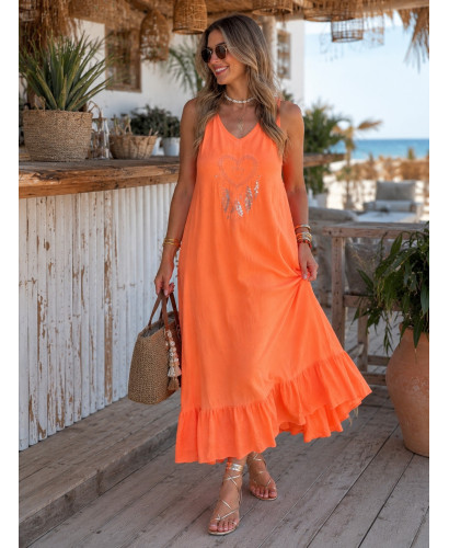 Vestido Largo Naranja flúor con Bordado de atrapasueños