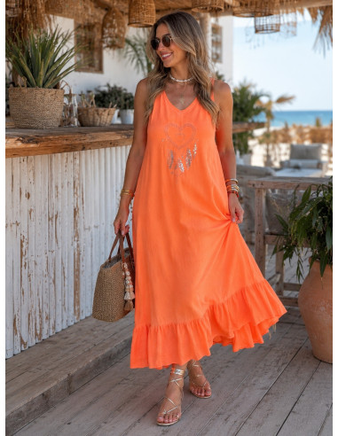 Vestido Largo Naranja flúor con Bordado de...