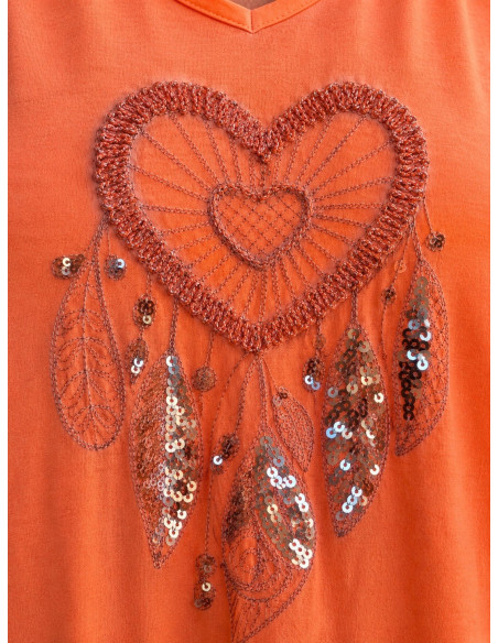 Vestido Largo Naranja flúor con Bordado de atrapasueños