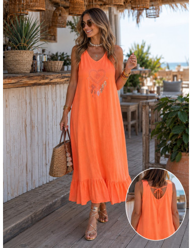 Vestido Largo Naranja flúor con Bordado de...