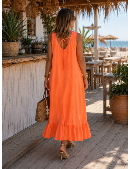 Vestido Largo Naranja flúor con Bordado de atrapasueños