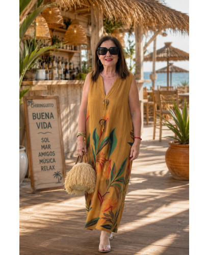 Vestido mostaza lino estampado hojas 2
