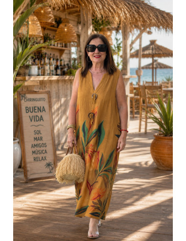 Vestido mostaza lino estampado hojas